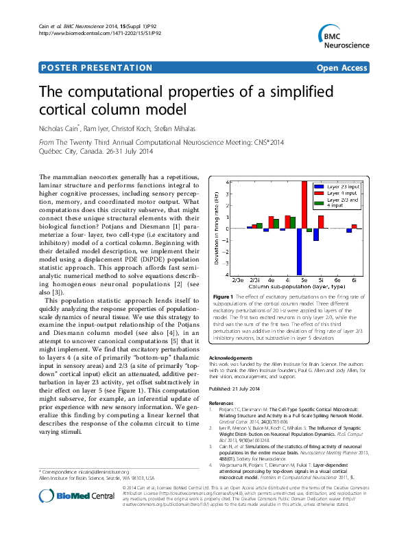(PDF) The computational properties of a simplified cortical column model