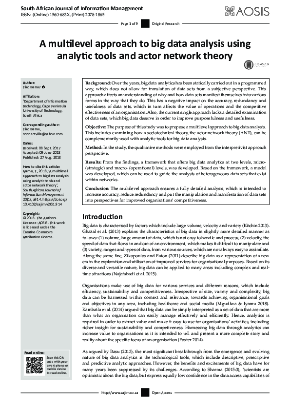 (PDF) A multilevel approach to big data analysis using analytic tools ...