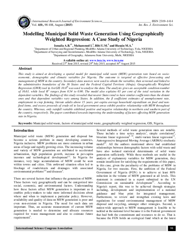 (PDF) Modelling Municipal Solid Waste Generation Using Geographically ...