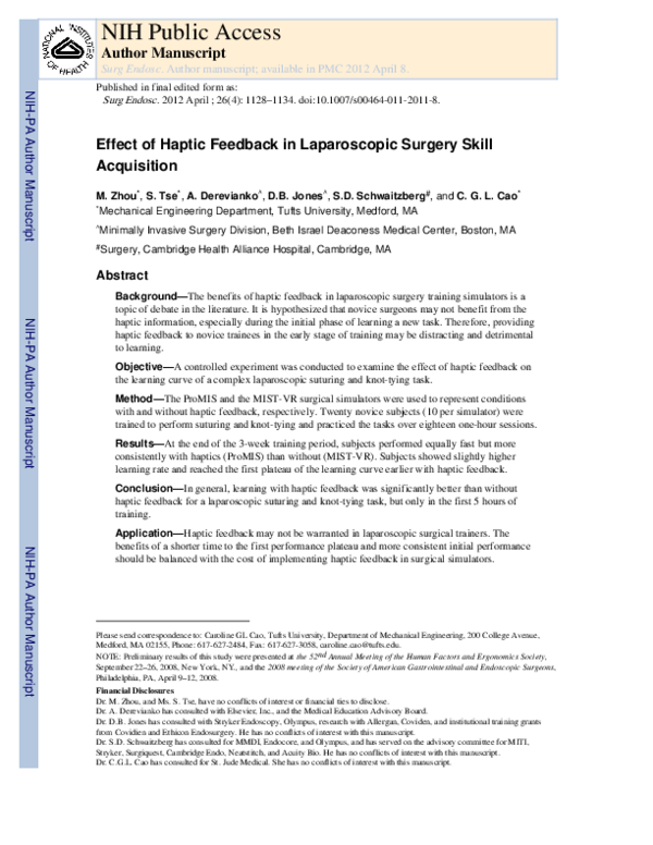 (PDF) Effect of haptic feedback in laparoscopic surgery skill acquisition