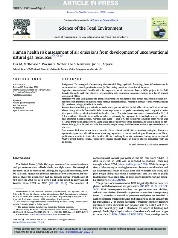 (PDF) Human health risk assessment of air emissions from development of ...