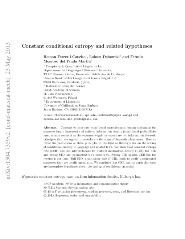 (PDF) Constant conditional entropy and related hypotheses