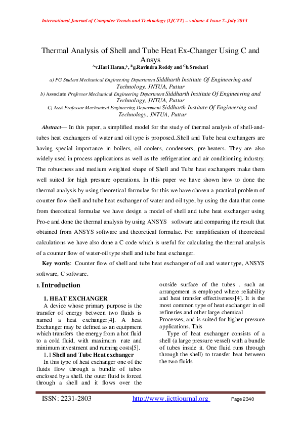 (PDF) Thermal Analysis of Shell and Tube Heat Ex-Changer Using C and Ansys