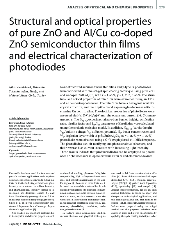 (PDF) Structural and optical properties of pure ZnO and Al/Cu co-doped ...