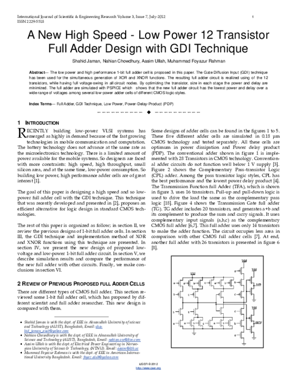 (PDF) A New High Speed - Low Power 12 Transistor Full Adder Design with ...