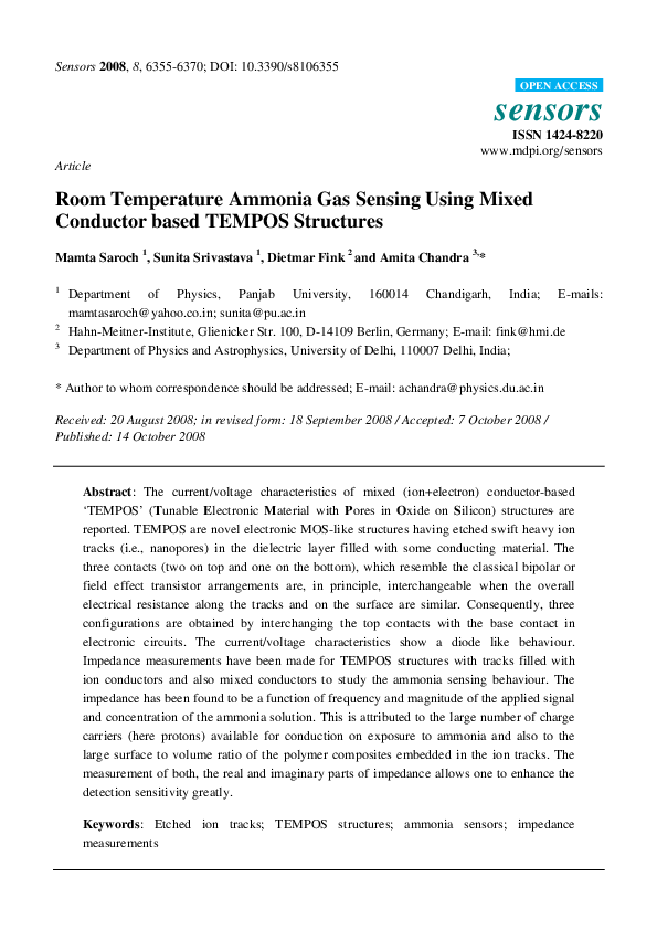 (PDF) Room Temperature Ammonia Gas Sensing Using Mixed Conductor based ...