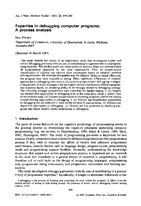 (PDF) Expertise in debugging computer programs: A process analysis