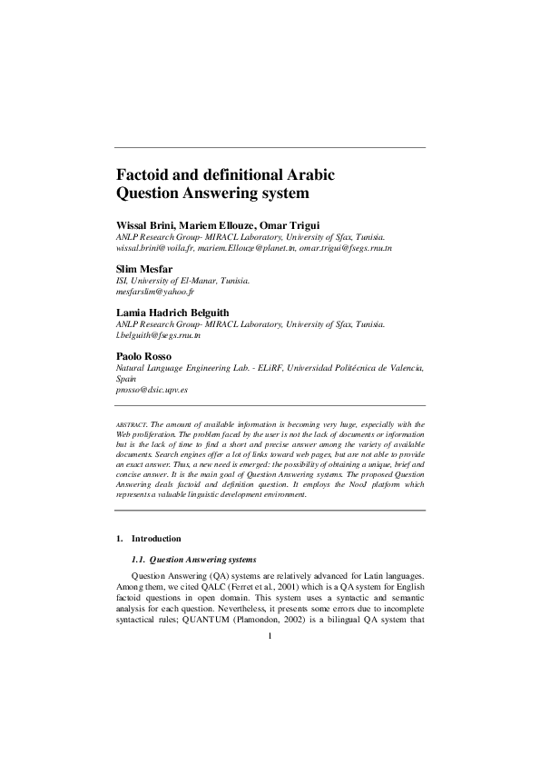 (PDF) Factoid and definitional Arabic Question Answering system