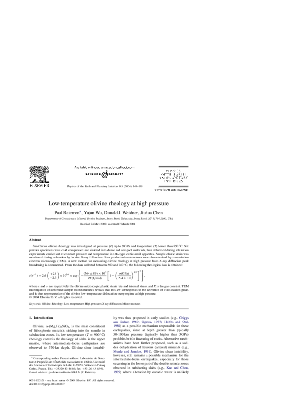 (PDF) Low-temperature olivine rheology at high pressure