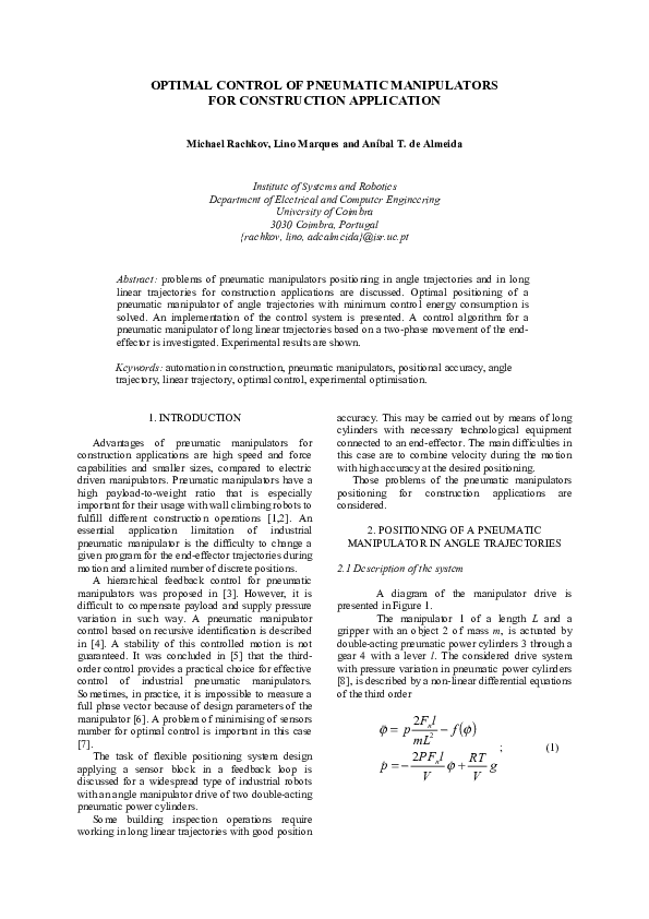 PDF) Optimal Control Of Pneumatic Manipulators For Construction.