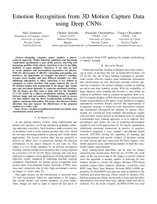 (PDF) Emotion Recognition from 3D Motion Capture Data using Deep CNNs