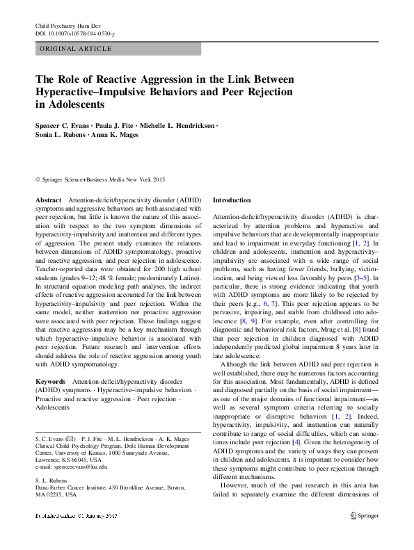 (PDF) The Role of Reactive Aggression in the Link Between Hyperactive ...