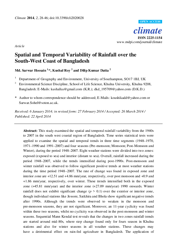 (PDF) Spatial and Temporal Variability of Rainfall over the South-West ...
