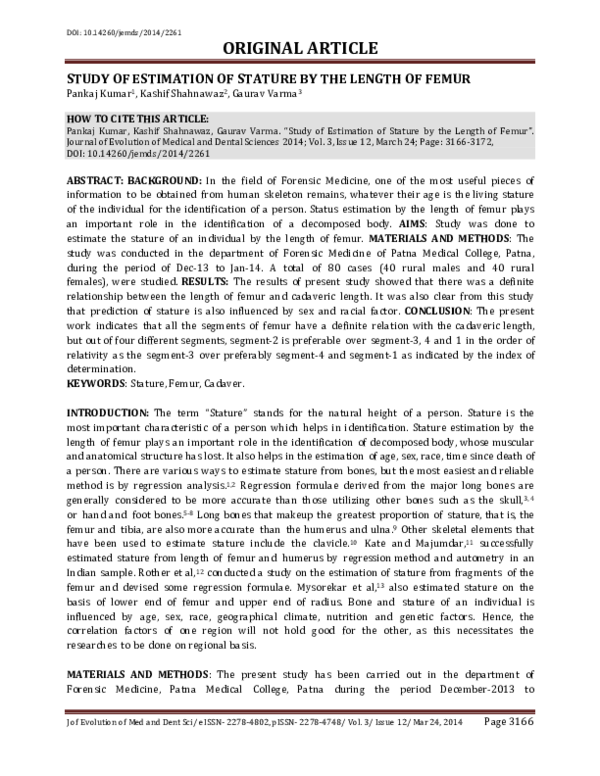 (PDF) Study of Estimation of Stature by the Length of Femur