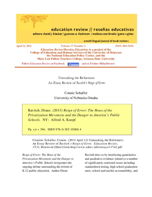 (PDF) Unmasking the Reformers: An Essay Review of Ravitch's Reign of ...