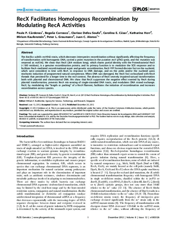 (PDF) RecX Facilitates Homologous Recombination by Modulating RecA ...