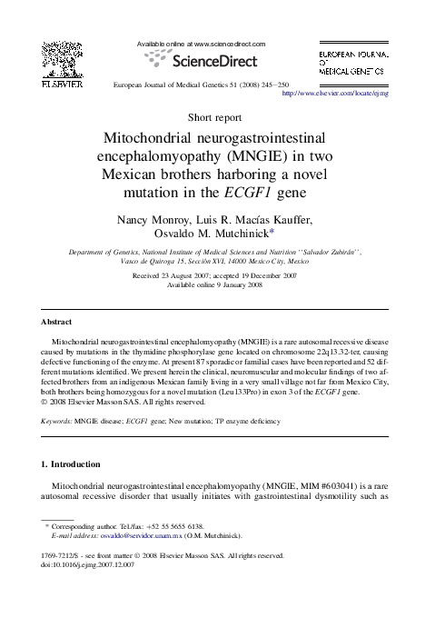 (PDF) Mitochondrial neurogastrointestinal encephalomyopathy (MNGIE) in ...