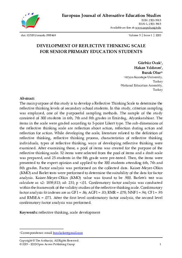 (PDF) Development of Reflective Thinking Scale for Senior Primary ...