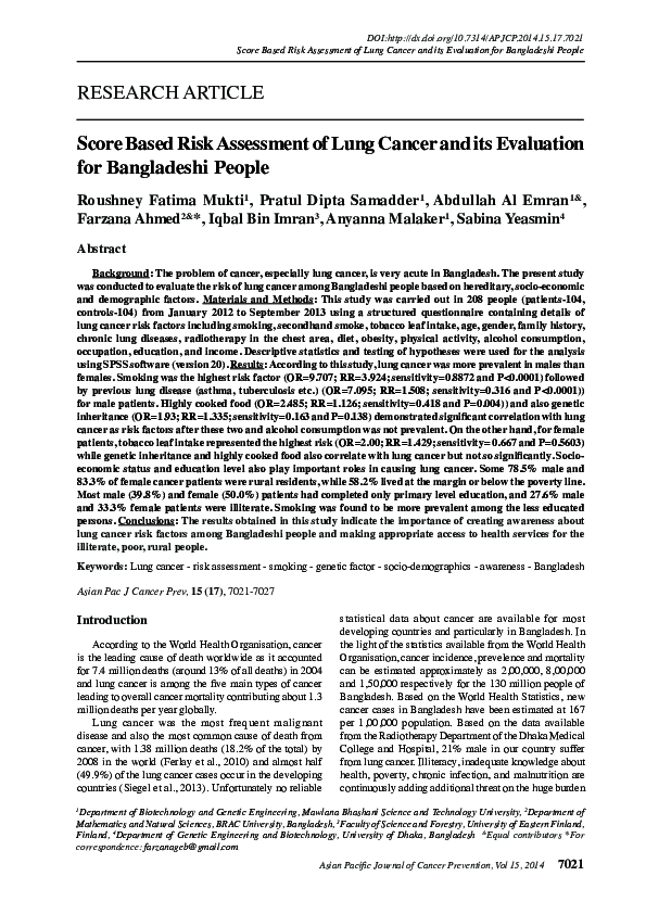 (PDF) Score based risk assessment of lung cancer and its evaluation for ...