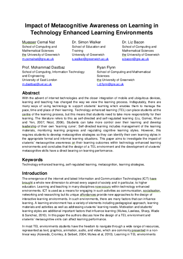 (PDF) Impact of Metacognitive Awareness on Learning in Technology ...