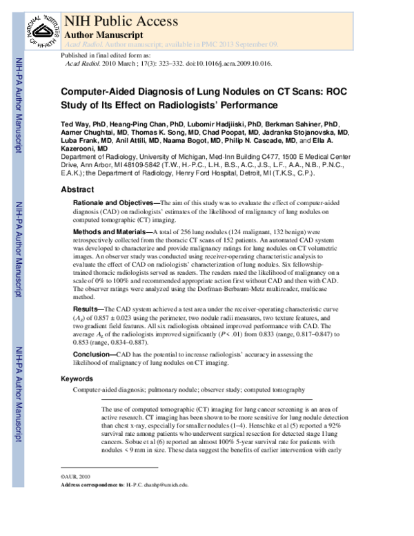 (PDF) Computer-Aided Diagnosis of Lung Nodules on CT Scans | Luba Frank ...