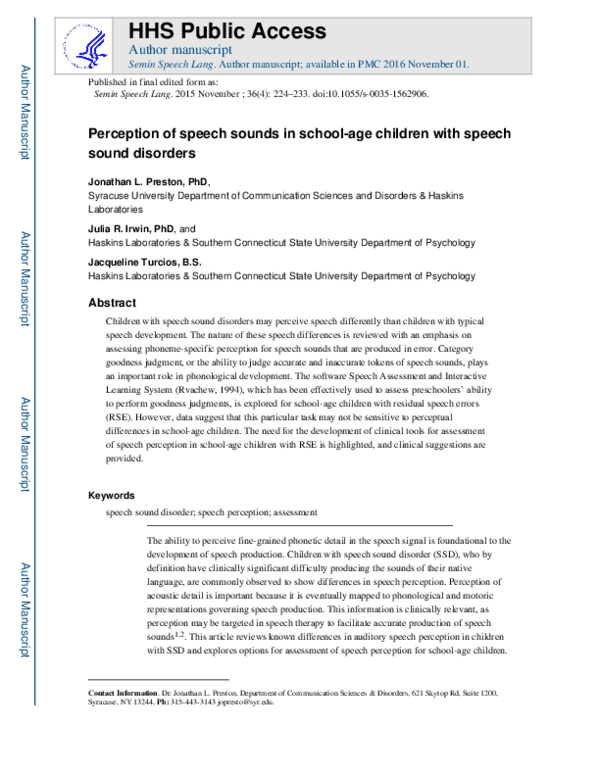(PDF) Perception of Speech Sounds in School-Aged Children with Speech ...