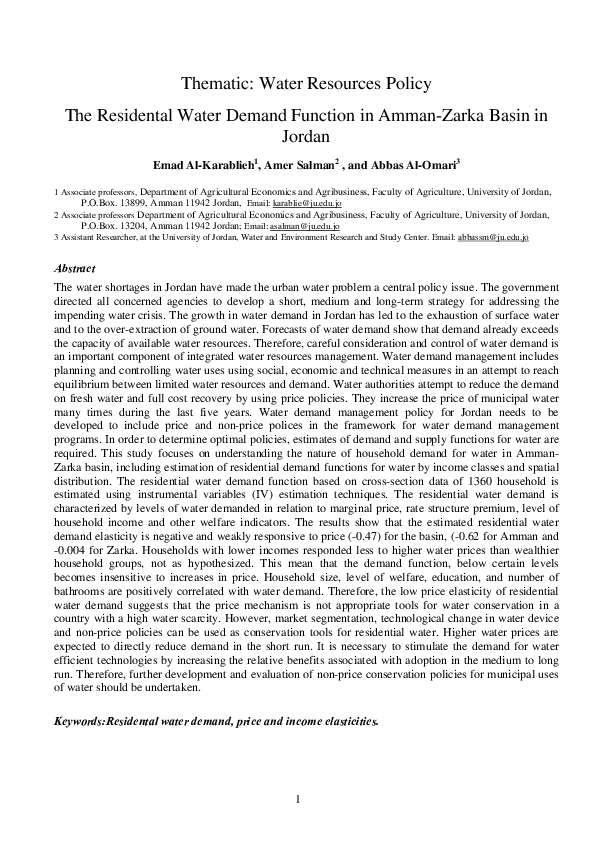 (PDF) The Residential Water Demand Function in Amman-Zarka Basin in Jordan