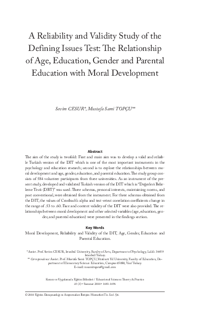 (PDF) A Reliability and Validity Study of the Defining Issues Test: The ...