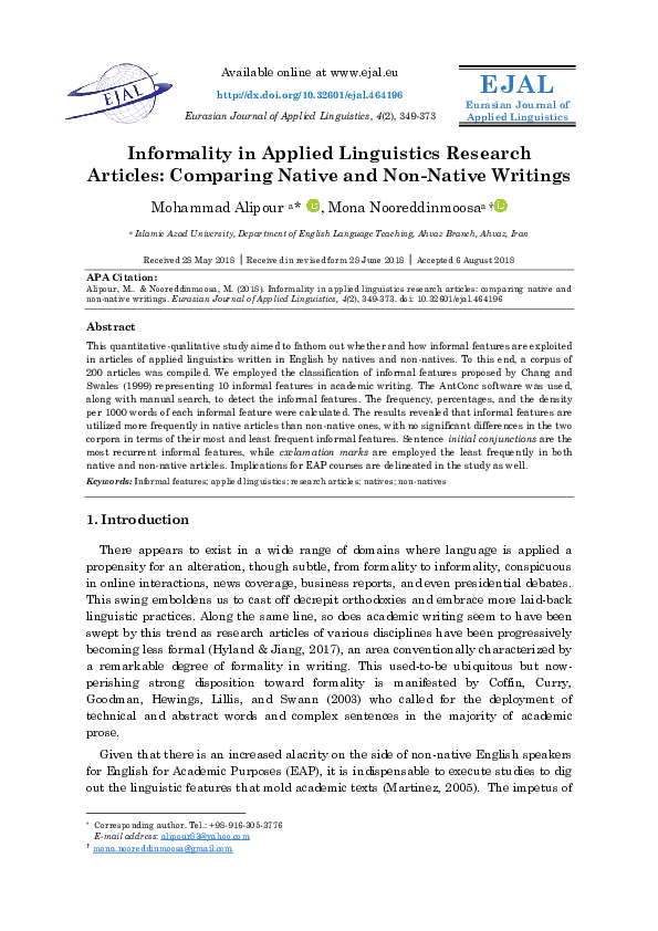(PDF) Informality in Applied Linguistics Research Articles: Comparing ...