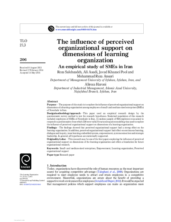 (PDF) The influence of perceived organizational support on dimensions ...
