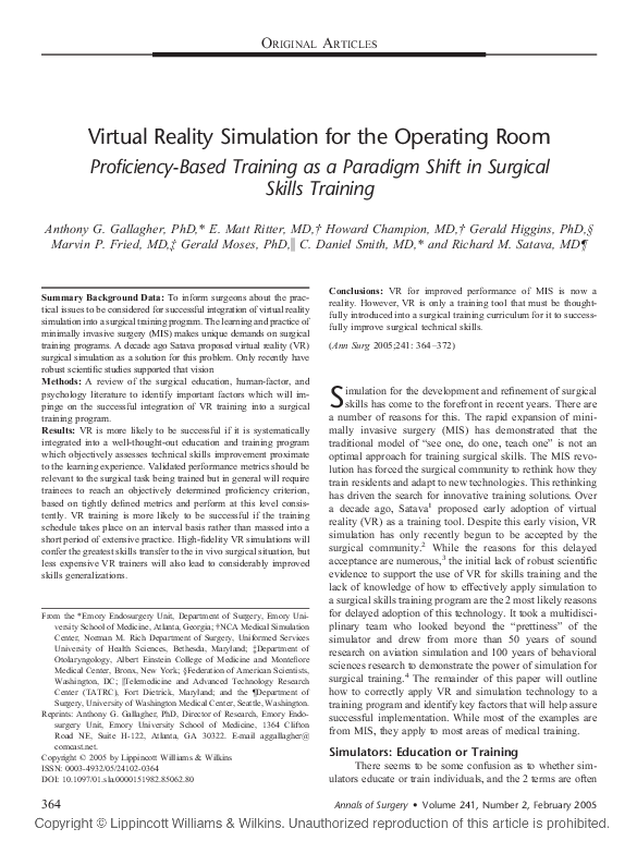 (PDF) Virtual Reality Simulation for the Operating Room