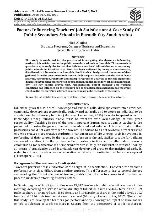 (PDF) Factors Influencing Teachers' Job Satisfaction A Case Study Of ...