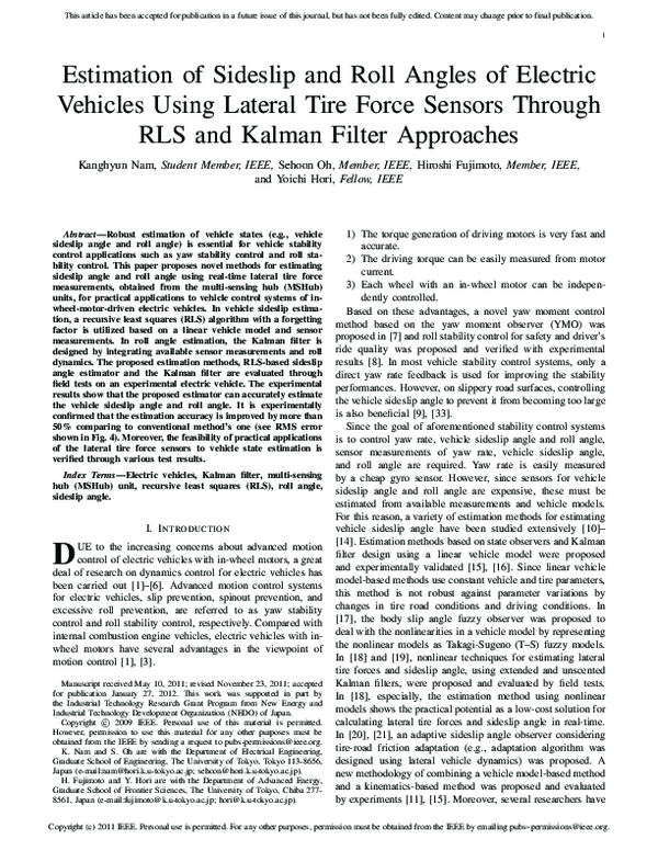 (PDF) Estimation of Sideslip and Roll Angles of Electric Vehicles Using ...