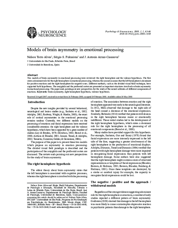 (PDF) Models of brain asymmetry in emotional processing