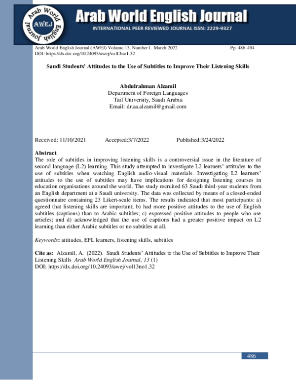 (PDF) Saudi Students' Attitudes to the Use of Subtitles to Improve