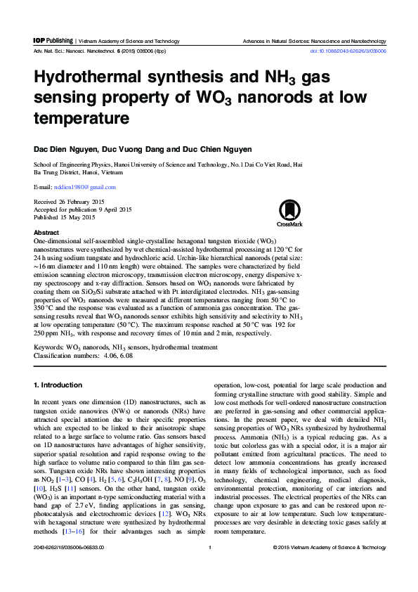 (PDF) Hydrothermal synthesis and NH 3 gas sensing property of WO 3 ...