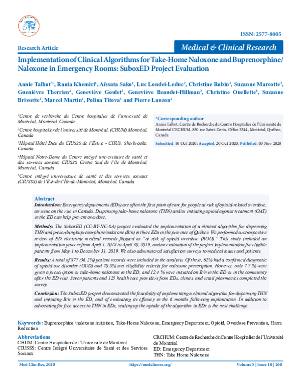 (PDF) Implementation of Clinical Algorithms for Take-Home Naloxone and ...