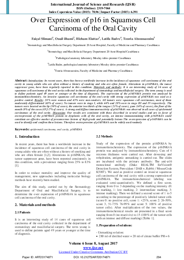 (PDF) Over Expression of p16 in Squamous Cell Carcinoma of the Oral Cavity