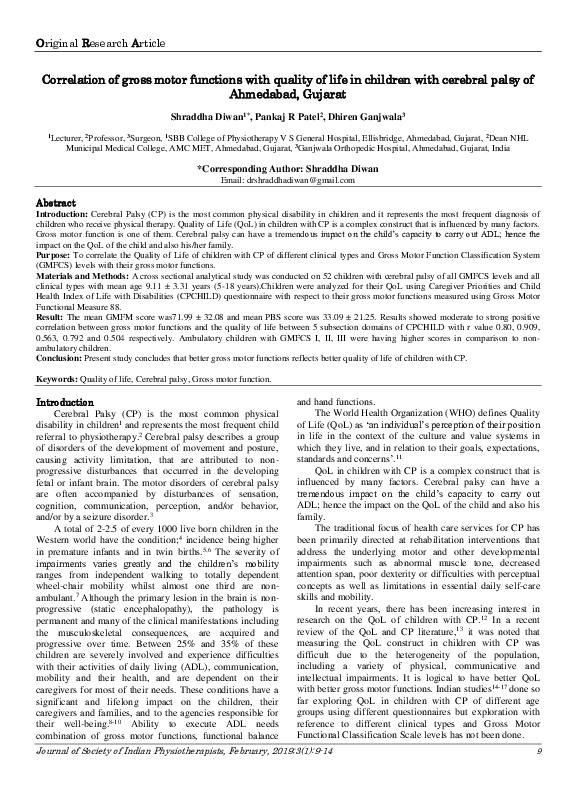(PDF) Correlation of gross motor functions with quality of life in ...