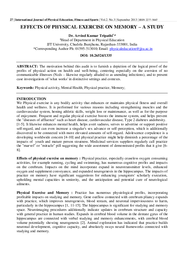 (PDF) Effects of Physical Exercise on Memory – A Study