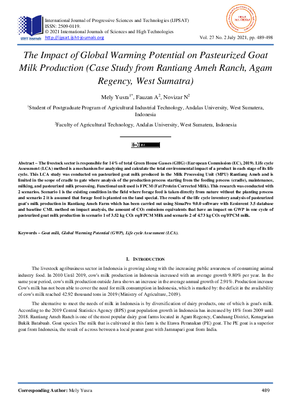 (PDF) The Impact of Global Warming Potential on Pasteurized Goat Milk