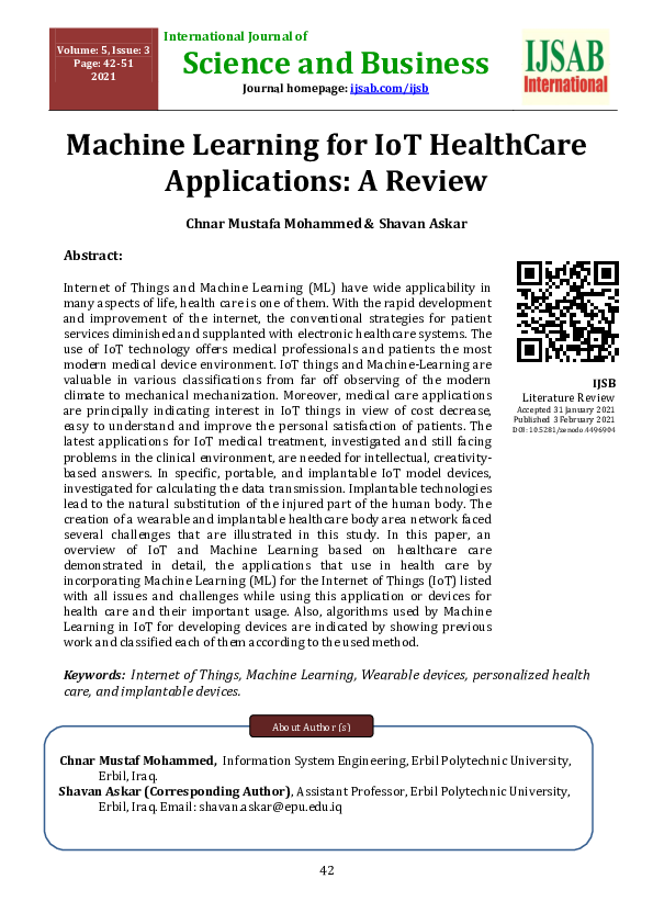 (PDF) Machine Learning for IoT HealthCare Applications: A Review