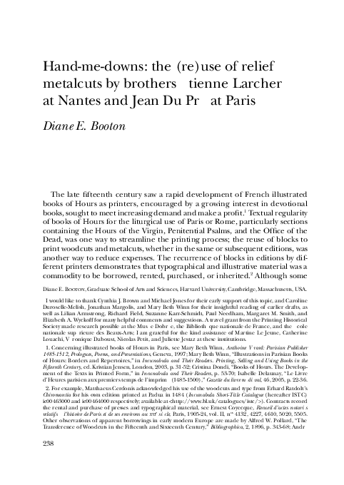 Hand‒Me‒Downs: The (Re)use of Relief Metalcuts by Brothers Étienne Larcher at Nantes and Jean Du Pré at Paris