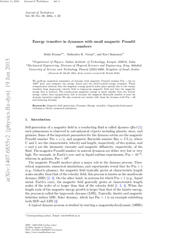 (PDF) Energy transfers in dynamos with small magnetic Prandtl numbers