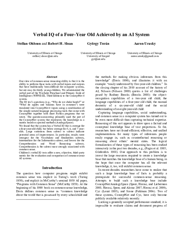 (PDF) Verbal IQ of a Four-Year Old Achieved by an AI System