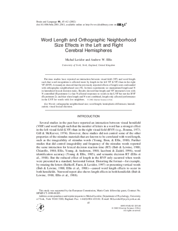 (PDF) Word Length and Orthographic Neighborhood Size Effects in the ...