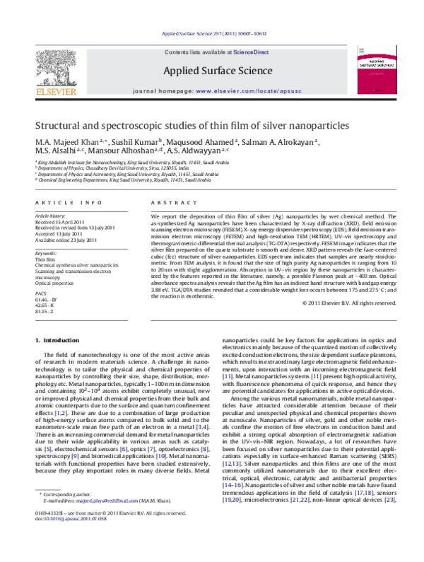 (PDF) Structural and spectroscopic studies of thin film of silver ...