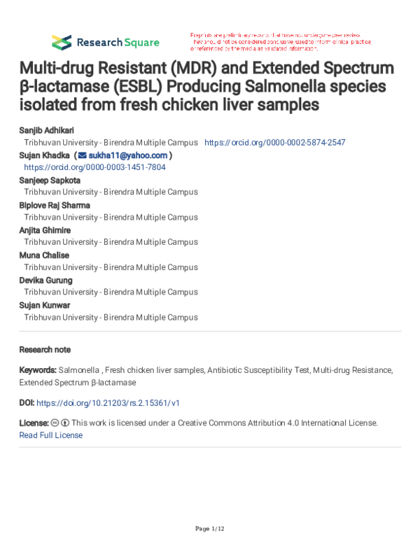 (PDF) Multi-drug Resistant (MDR) and Extended Spectrum β-lactamase ...