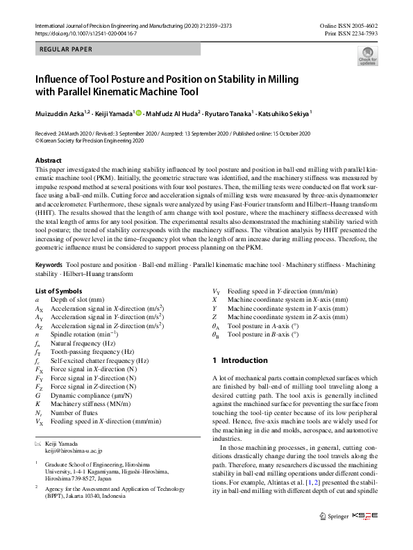 (PDF) Influence of Tool Posture and Position on Stability in Milling ...