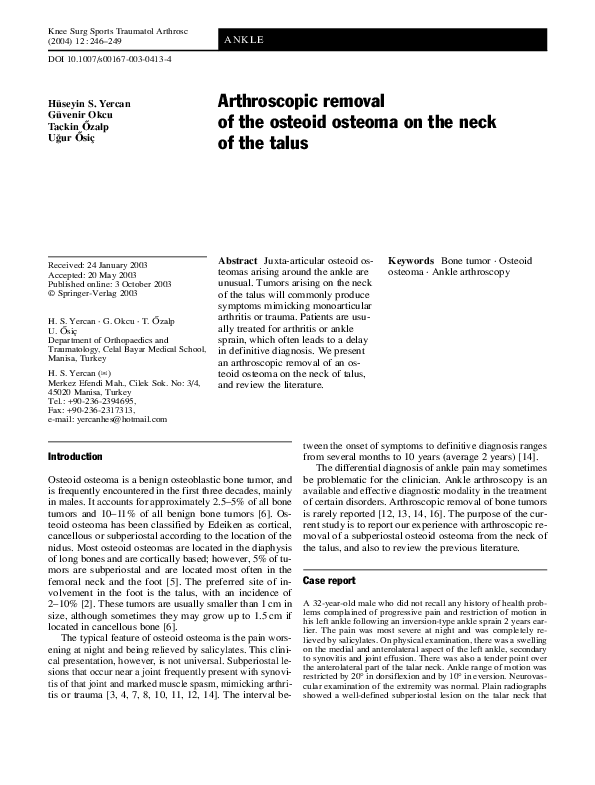 (PDF) Arthroscopic removal of the osteoid osteoma on the neck of the talus